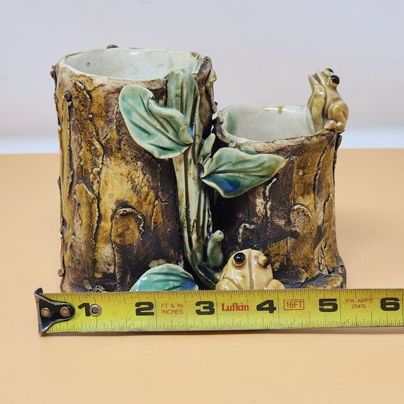 Vintage Majolica Style Ceramic Frog Tree Stump Art Pottery Planter - Picture 9 of 11